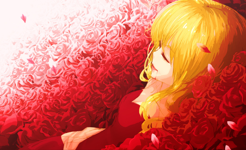 bad_id bad_pixiv_id blonde_hair blood blood_from_mouth closed_eyes dress elysion flower flower_bed highres kaden_(kuzek) light_smile lying petals red red_dress red_flower red_rose rose rose_petals solo sound_horizon stella_(sound_horizon)