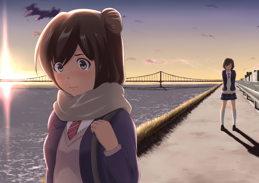 bad_id bad_pixiv_id bridge brown_eyes brown_hair closed_eyes highres long_hair momo_no_kanzume multiple_girls necktie open_mouth original river road scarf school_uniform short_hair skirt sunset sweater tears water