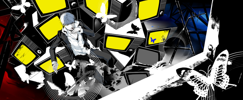 bad_id bad_pixiv_id bug butterfly grey_hair hai insect male_focus narukami_yuu persona persona_4 sitting solo television yellow_eyes