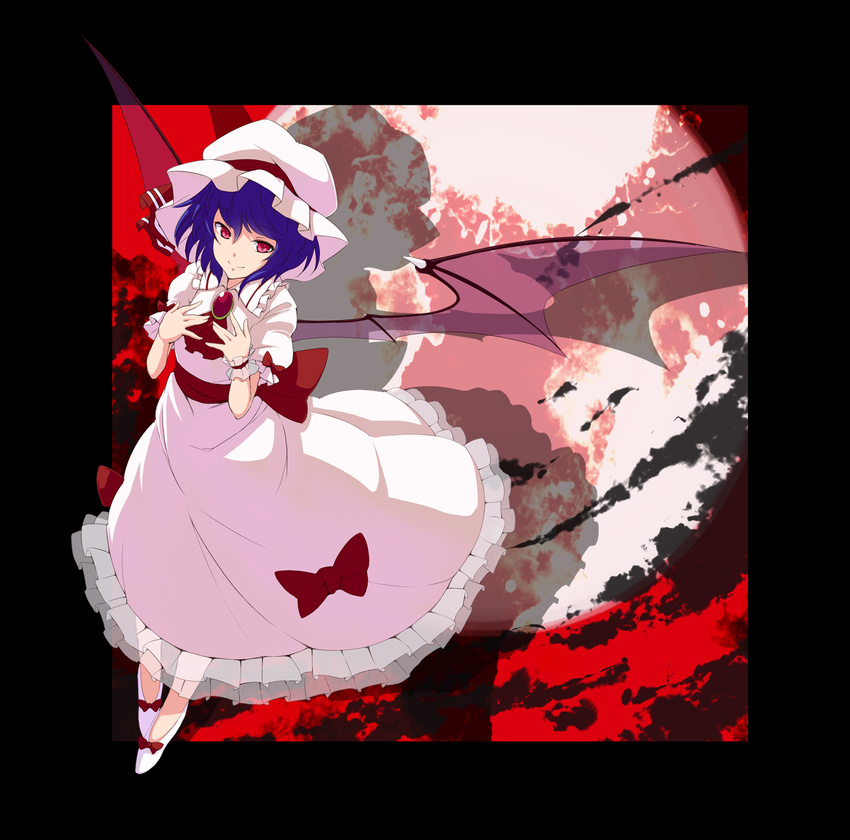 bad_id bad_pixiv_id bat_wings blue_hair dress hands_on_own_chest hat highres moon pink_dress red_eyes remilia_scarlet smile solo touhou tsuttsu wings