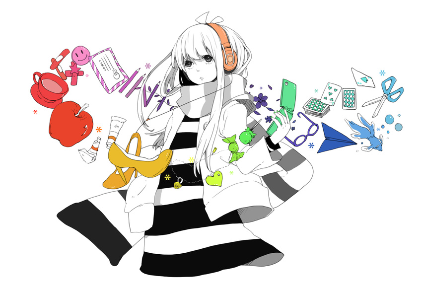 apple candy card cellphone fish floating_card flower food fruit glasses grey_eyes headphones high_heels jacket jewelry letter long_hair nail_polish necklace original paper_airplane pencil phone playing_card rainbow_order saitamax scarf scissors shoes simple_background solo spot_color striped striped_scarf strobe_last_(vocaloid) vocaloid white_hair