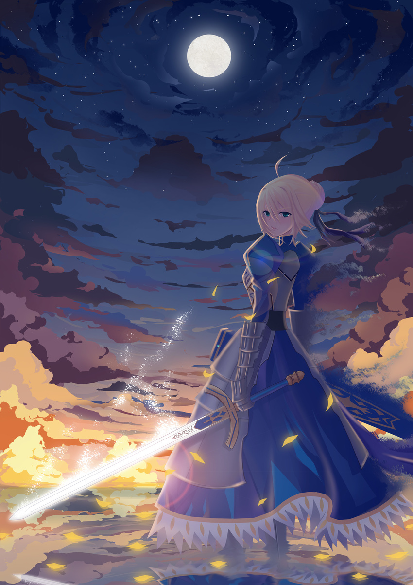 absurdres ahoge armor armored_dress artoria_pendragon_(all) back blonde_hair dress excalibur fate/stay_night fate_(series) full_moon glowing glowing_sword glowing_weapon hair_ribbon highres jianyi1943 moon ribbon saber sky solo sword weapon