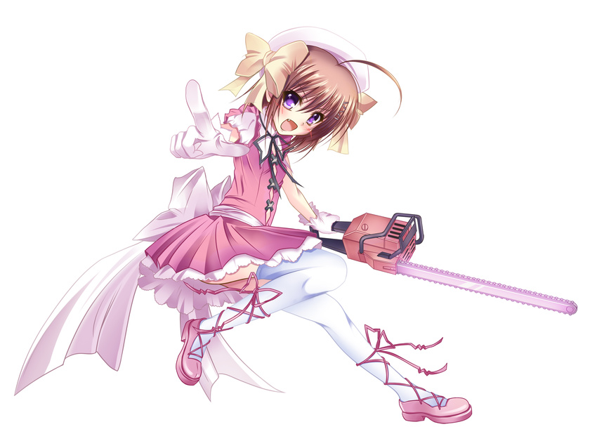 absurdres bad_id bad_pixiv_id bow brown_hair chainsaw fang gloves haruna_(kore_wa_zombie_desu_ka?) hat highres kore_wa_zombie_desu_ka? pass-d pointing purple_eyes ribbon solo thighhighs yellow_bow