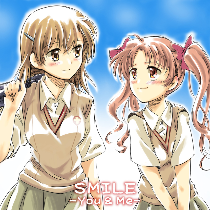 bag brown_eyes brown_hair highres long_hair misaka_mikoto multiple_girls san-pon school_uniform shirai_kuroko short_hair smile sweater_vest to_aru_kagaku_no_railgun to_aru_majutsu_no_index