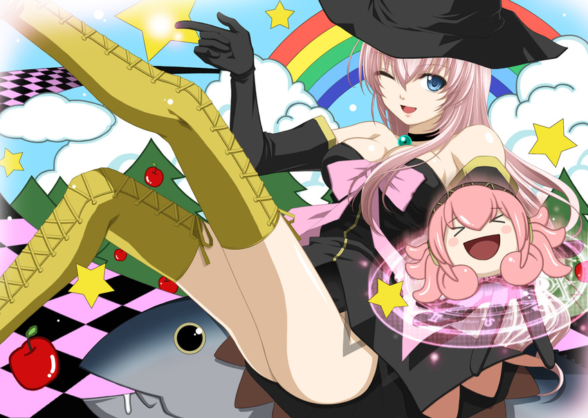 &gt;_&lt; apple bad_id bad_pixiv_id blush_stickers boots breasts checkered closed_eyes fish food fruit kuromayu large_breasts long_hair magic_circle megurine_luka one_eye_closed pink_hair project_diva_(series) project_diva_2nd rainbow star takoluka thigh_boots thighhighs vocaloid