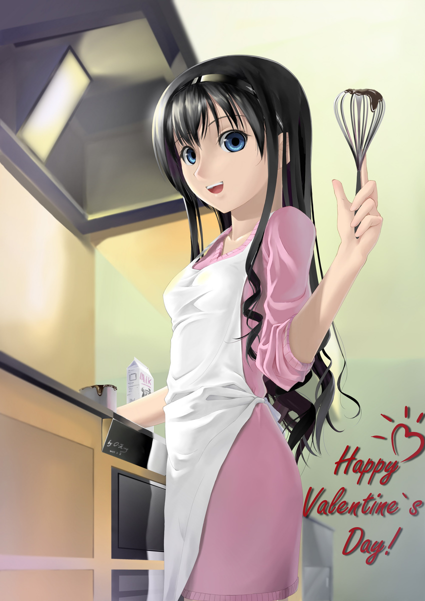 absurdres amagami apron black_hair blue_eyes chocolate chocolate_making cooking hairband happy_valentine highres kitchen long_hair morishima_haruka okingjo sleeves_pushed_up solo valentine whisk