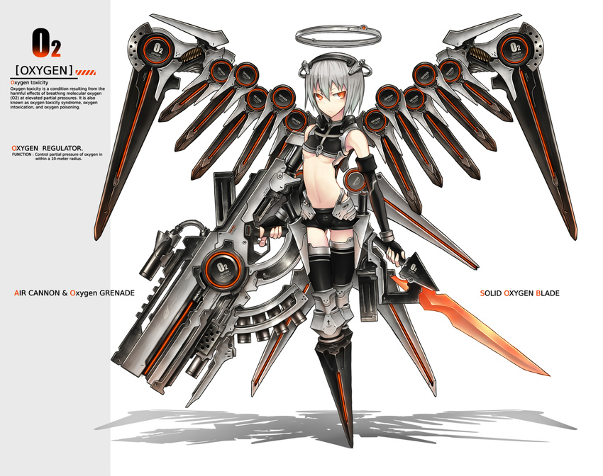 android chemistry cross cyborg english gia gun highres mecha_musume mechanical_halo mechanical_wings midriff orange_eyes original personification robotic_legs short_hair silver_hair solo sword text_focus weapon wings