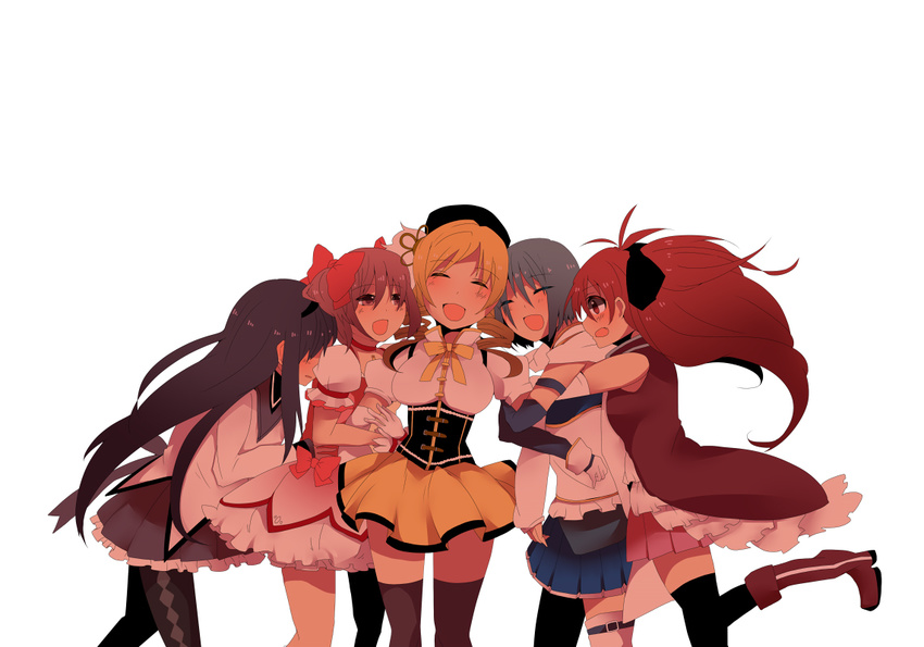 akemi_homura bad_id bad_pixiv_id black_hair blonde_hair blue_hair bubble_skirt closed_eyes drill_hair glomp hat hug kaname_madoka long_hair magical_girl mahou_shoujo_madoka_magica miki_sayaka multiple_girls pantyhose pink_hair red_eyes red_hair sakura_kyouko satsushi short_hair skirt smile tomoe_mami twintails