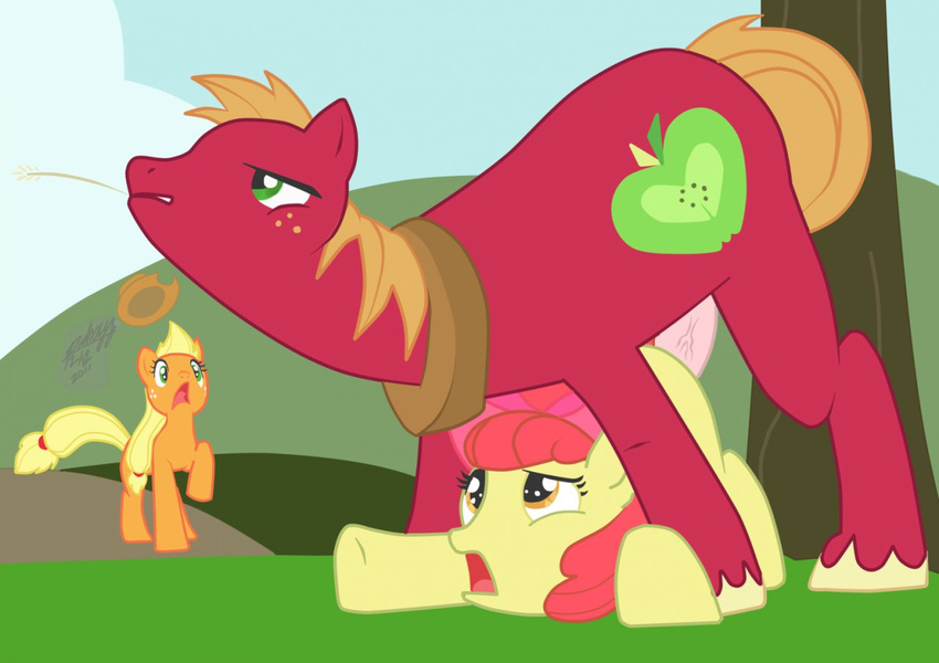 all_fours apple_bloom apple_bloom_(mlp) applejack applejack_(mlp) big_macintosh big_macintosh_(mlp) cub cutie_mark doggystyle equine female feral feral_on_feral friendship_is_magic from_behind group hat horse incest male mammal my_little_pony outside pdxyz penis pony sex shocked size_difference straight tree unknown_artist wood young