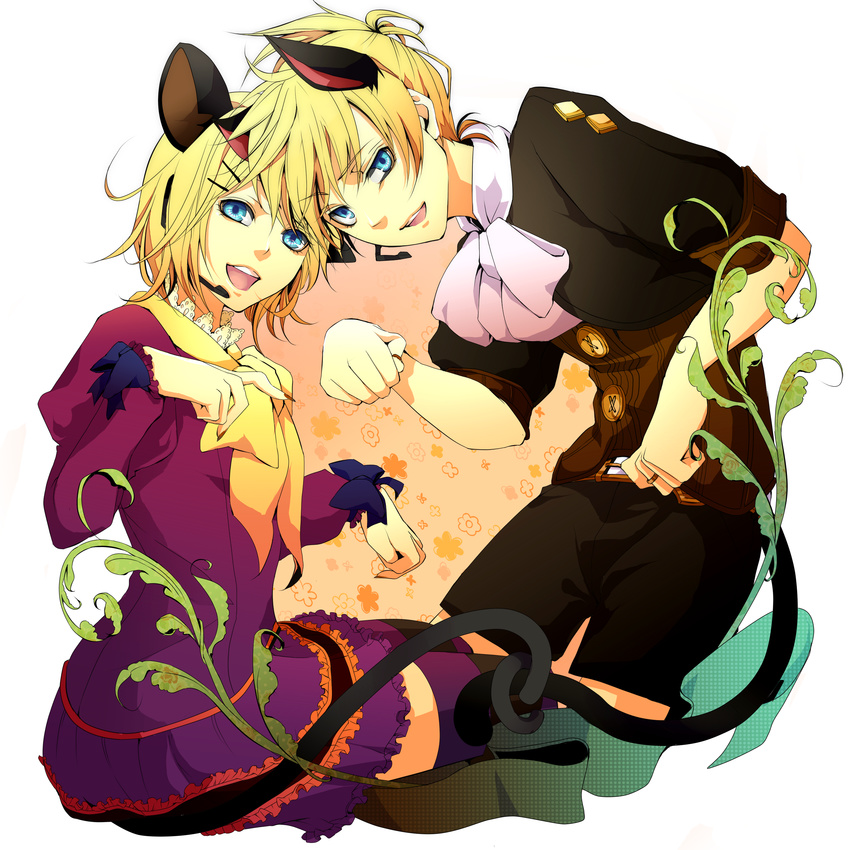 1girl absurdres animal_ears blonde_hair blue_eyes brother_and_sister cat_ears cat_tail domco dress fingernails hair_ornament hairclip headset highres jewelry kagamine_len kagamine_rin long_fingernails long_sleeves nail_polish open_mouth purple_legwear ring short_sleeves shorts siblings tail thighhighs twins vocaloid
