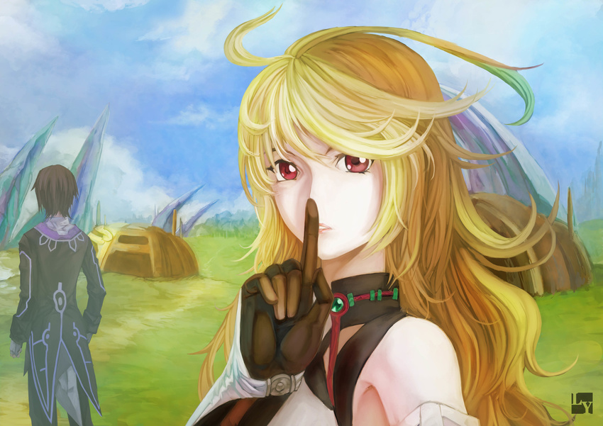 1girl absurdres bare_shoulders black_hair blonde_hair face finger_to_mouth fingerless_gloves from_behind gloves highres jude_mathis long_hair milla_maxwell multicolored_hair nanaya_(daaijianglin) red_eyes tales_of_(series) tales_of_xillia