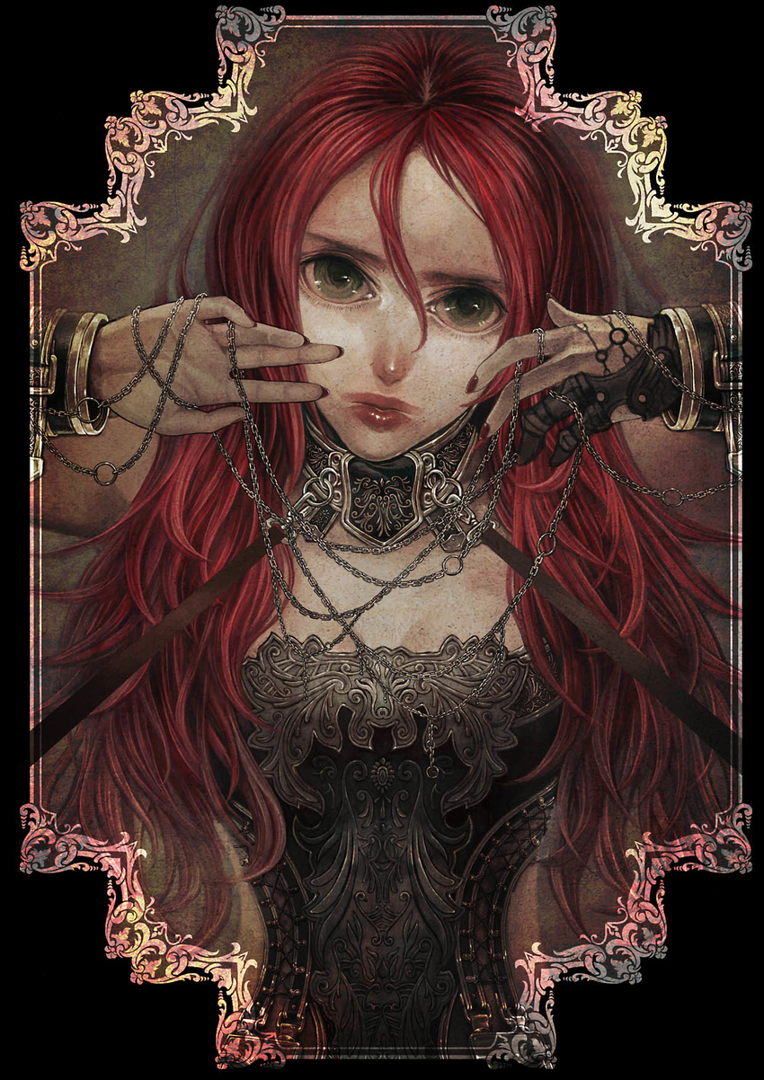 armor azuma_yuuhi bad_id bad_pixiv_id chain green_eyes highres jewelry long_hair original red_hair solo staring