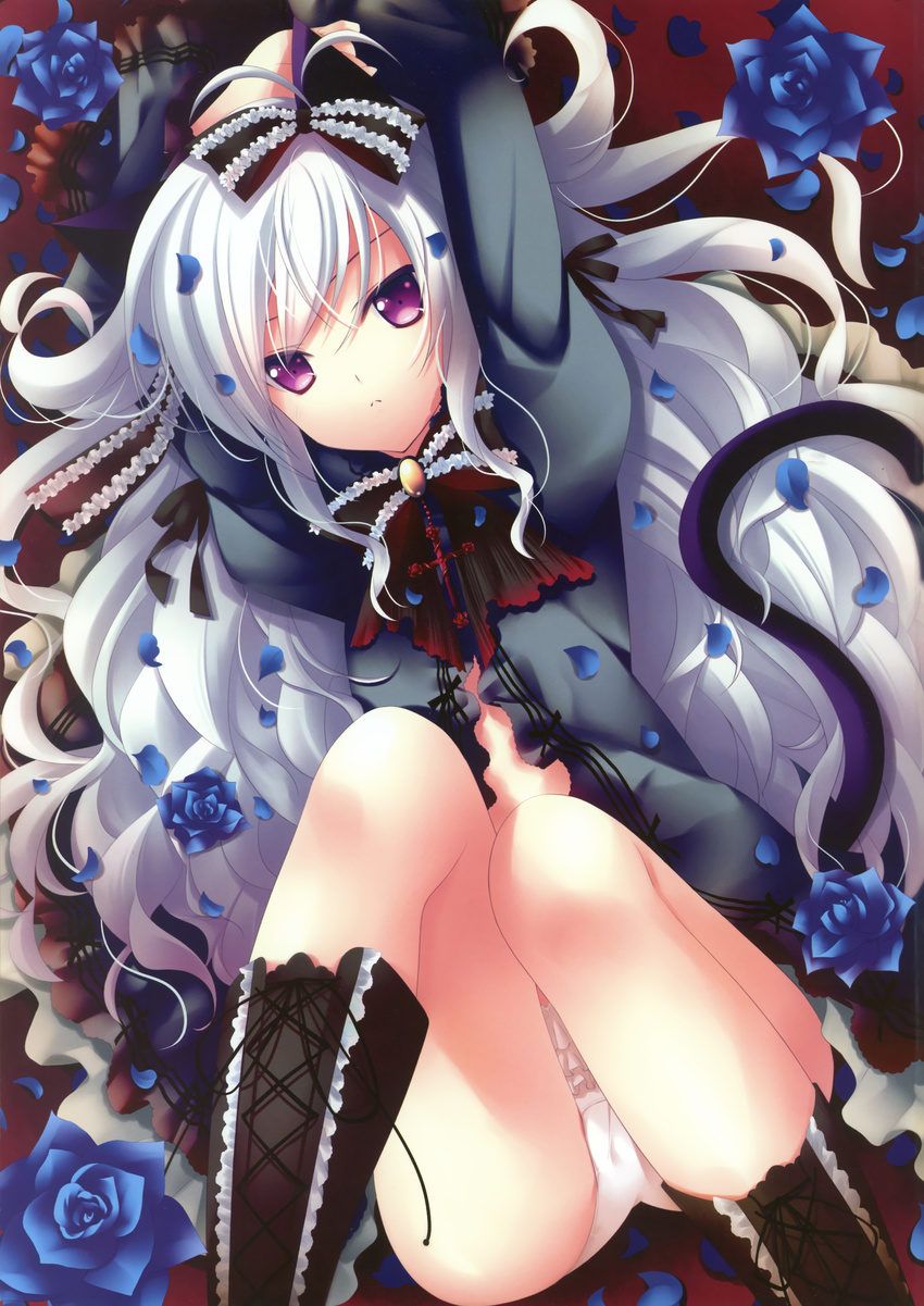 1girl absurdres animal_ears arms_behind_head blue_rose boots brooch cat_ears cat_tail copyright_request flower hair_ribbon highres jewelry long_hair lying no_pants on_back panties pantyshot pantyshot_(lying) petals purple_eyes ribbon rose solo tail underwear zinno