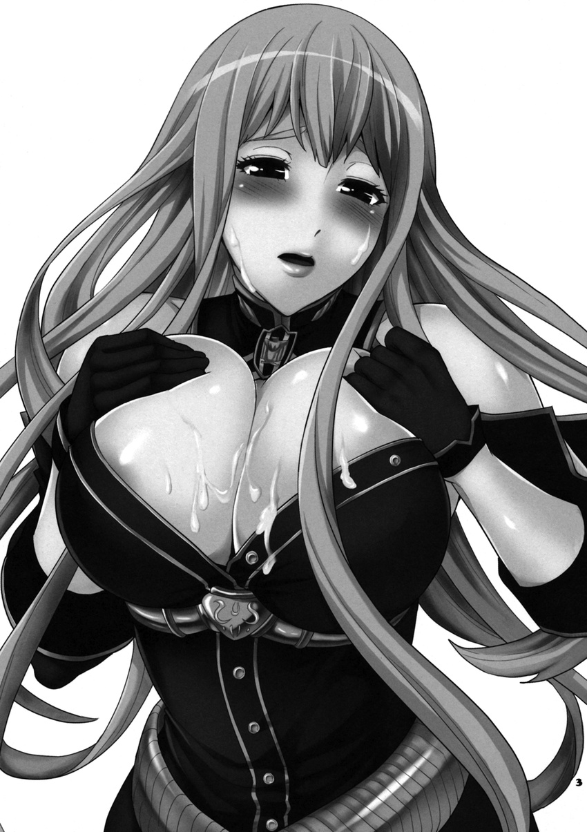 b&amp;w breast_grab breast_push breasts cleavage cum cum_on_body cum_on_breasts cum_on_face cum_on_upper_body facial grabbing grey_hair highres large_breasts monochrome selvaria_bles senjou_no_valkyria senjou_no_valkyria_1 todd_special