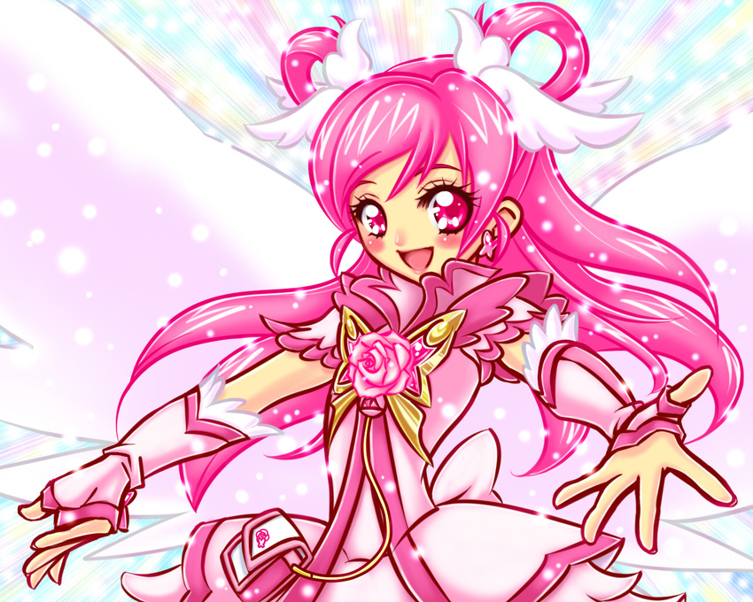 :d angel_wings blush brooch bug butterfly cure_dream dress earrings flower hair_rings happy insect jewelry long_hair magical_girl omochi100ko open_mouth pink_eyes pink_flower pink_hair pink_rose precure rose shining_dream smile solo sparkle wings wrist_cuffs yes!_precure_5 yumehara_nozomi