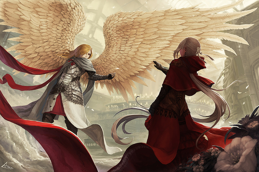 aner_(qqan00) angel angel_wings argenta armor blonde_hair blurry capelet depth_of_field dragon_nest flower geraint grey_hair hood long_hair multiple_girls ponytail red_eyes very_long_hair wings