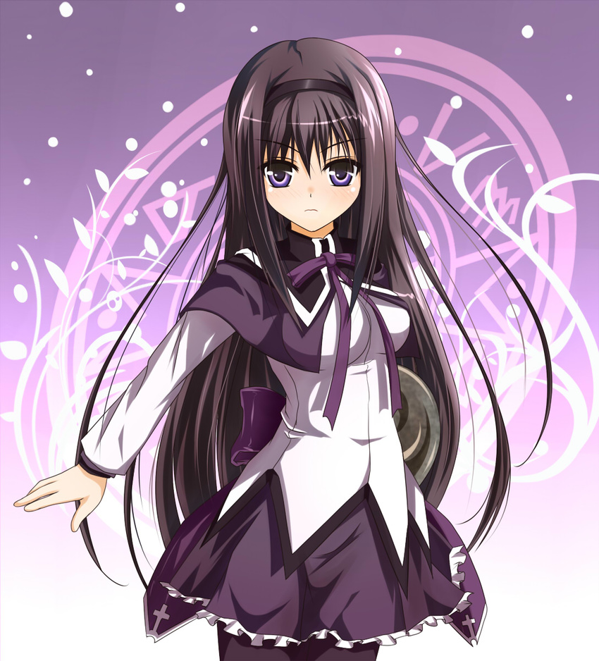 akemi_homura bad_id bad_pixiv_id bangs black_hair black_hairband blush bow breasts capelet cowboy_shot eyebrows_visible_through_hair frills frown hair_between_eyes hairband highres long_hair long_sleeves looking_at_viewer magic_circle magical_girl mahou_shoujo_madoka_magica mashiri medium_breasts neck_ribbon pantyhose purple_bow purple_eyes purple_legwear purple_ribbon purple_skirt ribbon skirt solo very_long_hair