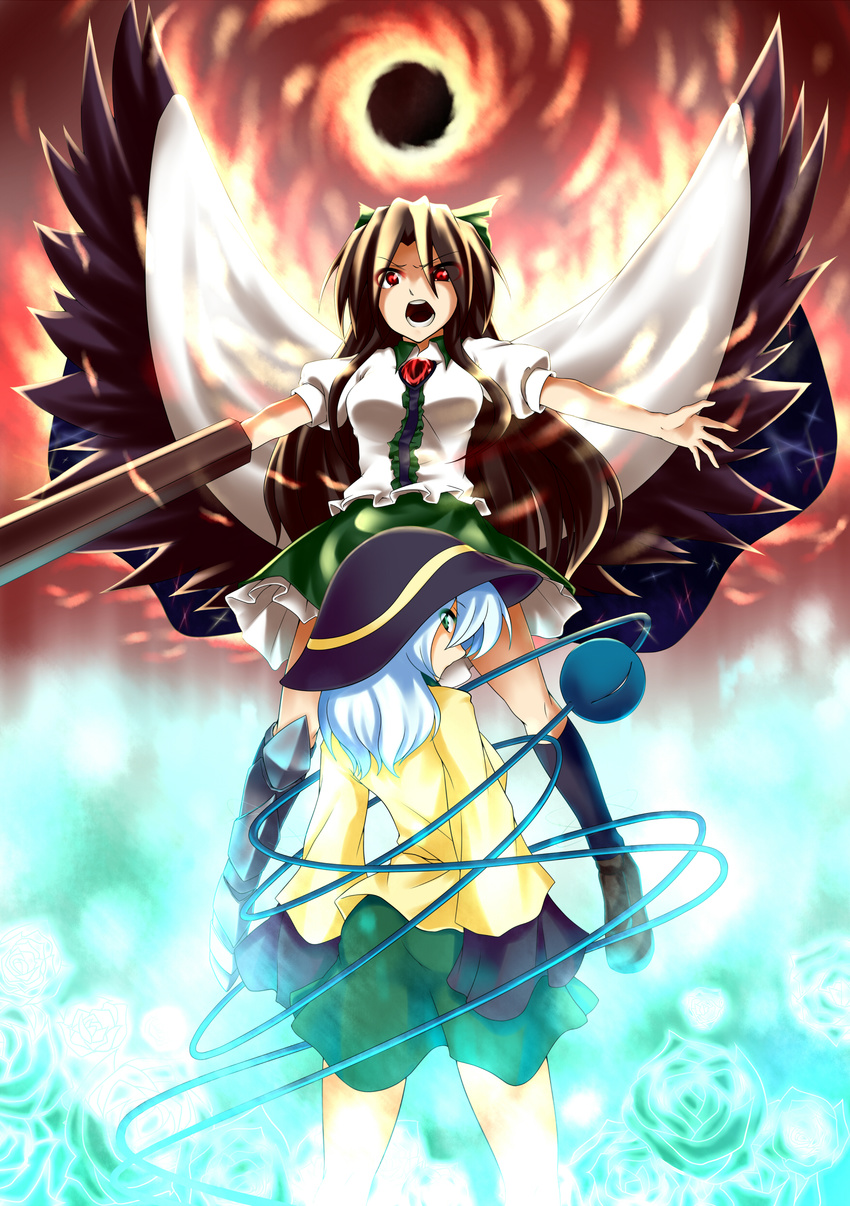 absurdres akudato arm_cannon asymmetrical_clothes black_hair blue_flower blue_rose bow cape eyeball flower green_eyes hair_bow hat highres komeiji_koishi large_wings long_hair looking_back multiple_girls open_mouth outstretched_arms red_eyes reiuji_utsuho rose short_hair silver_hair spread_arms third_eye touhou weapon wings
