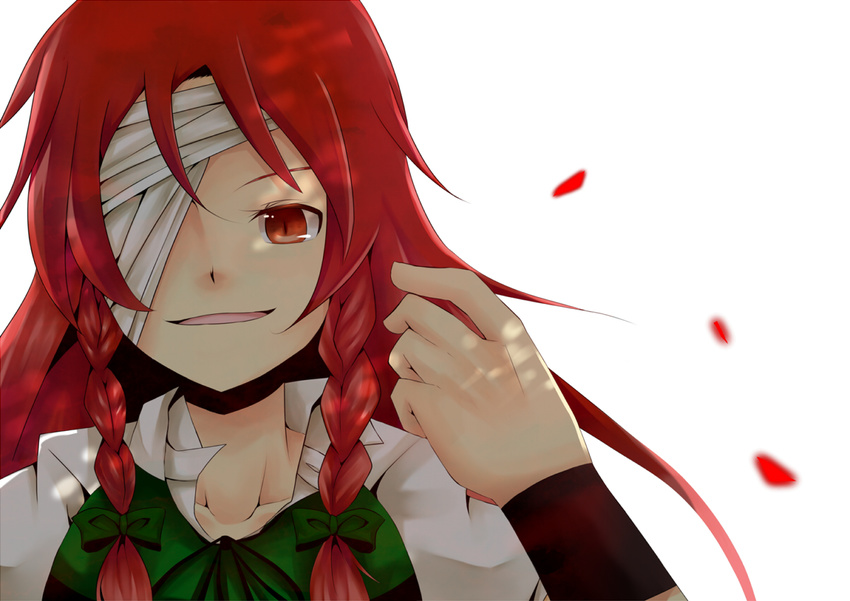 bad_id bad_pixiv_id bandage_over_one_eye bandages bow braid hair_bow hong_meiling huleito long_hair no_hat no_headwear one_eye_covered open_mouth red_eyes red_hair smile solo touhou twin_braids wristband