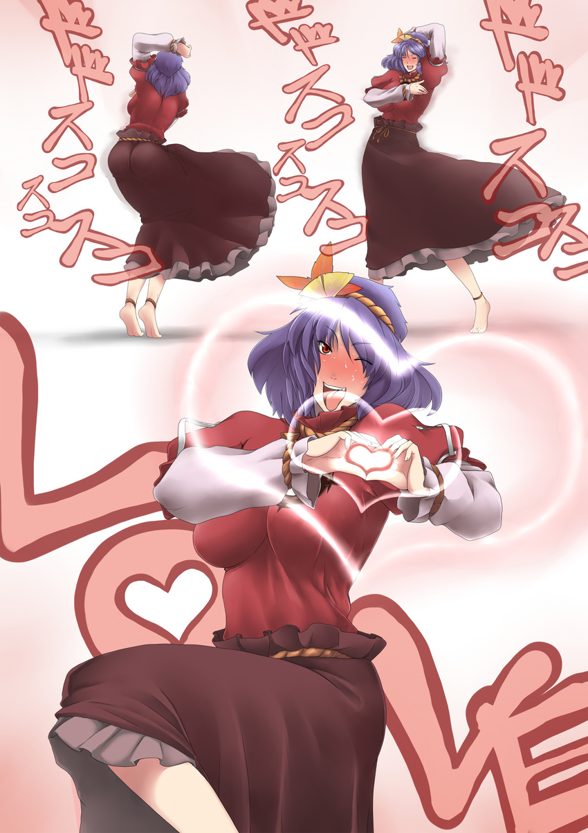 absurdres ass barefoot blush commentary dancing hair_ornament heart heart_hands highres leaf moe_moe_kyun! one_eye_closed open_mouth purple_hair red_eyes short_hair smile solo sweat tobisawa tongue touhou yasaka_kanako