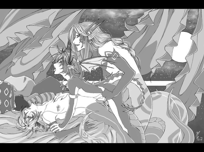 anal arched_back artist_request bat_wings demon demon_boy group_sex horns lamia male male_focus male_only monochrome monster monster_boy monster_girl multiple_boys naga nepi penis pointy_ears sex size_difference snake source_request tail threesome wings yaoi