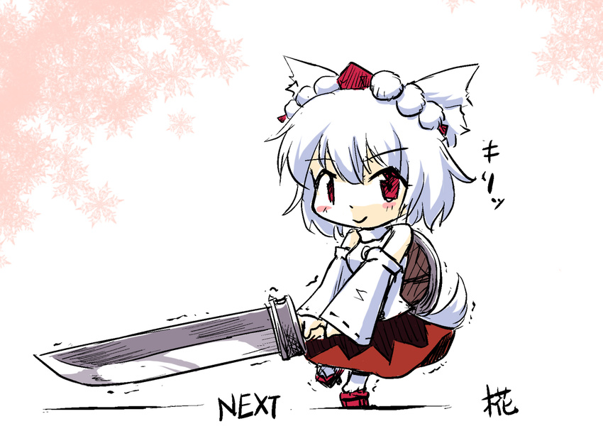 animal_ears blush detached_sleeves futatsuki_hisame hat inubashiri_momiji red_eyes solo sword tail tokin_hat touhou weapon white_hair wolf_ears wolf_tail