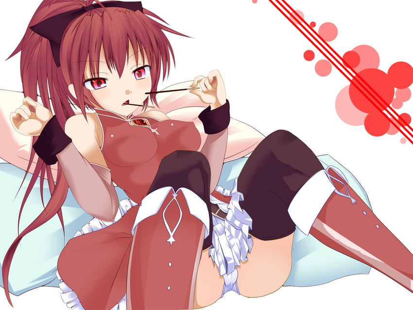 black_legwear black_thighhighs boots bow breasts cameltoe detached_sleeves eating erect_nipples female hair_bow long_hair lying magical_girl mahou_shoujo_madoka_magica mouth_hold open_mouth panties pocky ponytail red_eyes red_hair sakura_kyouko solo soul_gem thighhighs underwear white_background white_panties