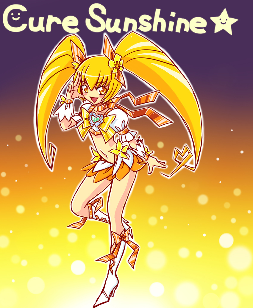 :p blonde_hair boots bow brooch choker cure_sunshine flower hair_flower hair_ornament hair_ribbon heart heartcatch_precure! highres jewelry long_hair magical_girl midriff myoudouin_itsuki navel no_nose omochi100ko open_mouth orange_eyes precure ribbon skirt smile solo star tongue tongue_out twintails v wrist_cuffs