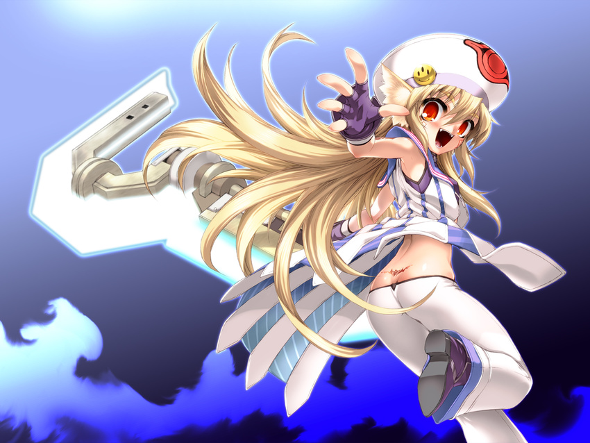 animal_ears armpits ass back_tattoo badge bangs blonde_hair blue_sailor_collar blush boots breasts butt_crack button_badge dennou_senki_virtual-on emblem eyebrows_visible_through_hair facial_tattoo fangs fingerless_gloves floating_hair foreshortening from_side gloves glowing glowing_weapon gradient hair_between_eyes hat hat_ornament high_heel_boots high_heels highres holding holding_weapon huge_weapon leg_lift leg_up long_hair looking_at_viewer looking_back looking_to_the_side lowleg lowleg_pants miss_black open_clothes open_mouth outstretched_arms pants phantasy_star phantasy_star_portable_2_infinity purple_footwear purple_gloves red_eyes sailor_collar sleeveless small_breasts smile smiley_face solo spread_arms standing standing_on_one_leg striped tattoo tramp_stamp vertical_stripes very_long_hair weapon white_hat white_pants wind wind_lift