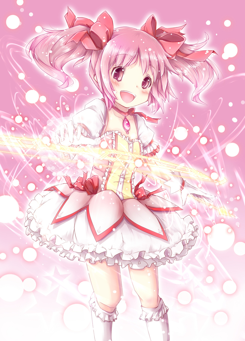 absurdres bad_id bad_pixiv_id blush bow_(weapon) choker gloves hair_ribbon highres kaname_madoka kneehighs light mahou_shoujo_madoka_magica open_mouth pink_eyes pink_hair puffy_sleeves red_choker ribbon short_twintails smile solo toor_0111 twintails weapon white_gloves white_legwear
