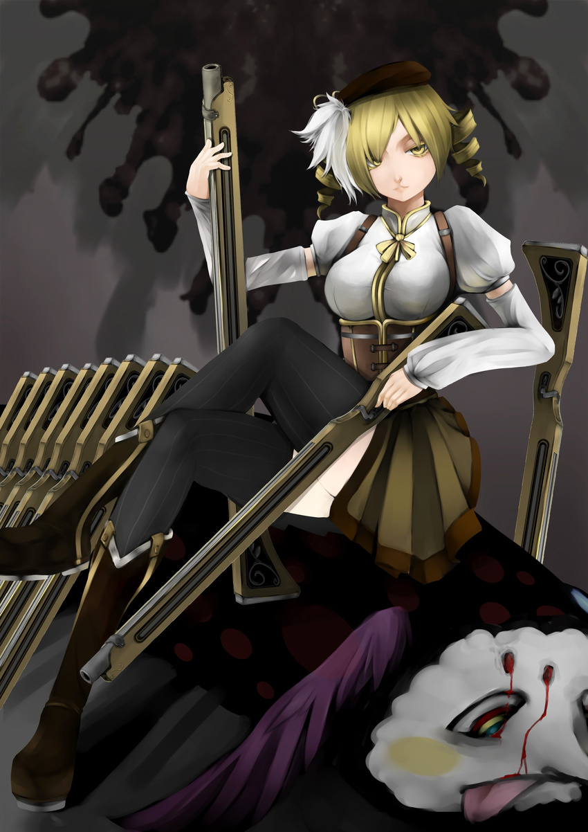 absurdres bad_id bad_pixiv_id beret blonde_hair blood boots breasts charlotte_(madoka_magica) colored_eyelashes crossed_legs detached_sleeves drill_hair dual_wielding eyelashes frown gloves gun hair_ornament hair_over_one_eye hat highres holding large_breasts lips mahou_shoujo_madoka_magica omega_(endsunrise) pleated_skirt ribbon rifle shirt sitting skirt taut_clothes taut_shirt thighhighs tomoe_mami tongue weapon yellow_eyes