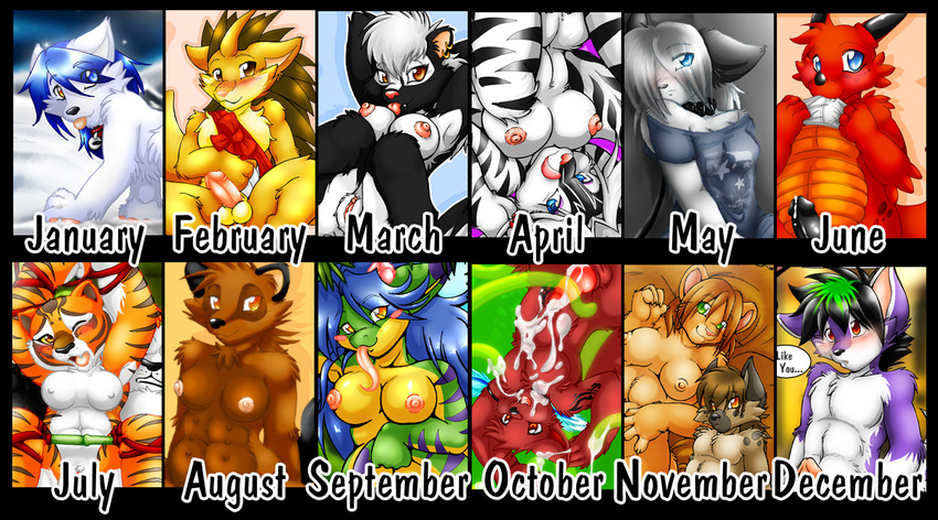 black_penis blue_eyes blush breasts brown_eyes calendar canine collar curt curt_wox dragon fang feline female folf foxwolf heterochromia horns inuki looking_at_viewer male orange_eyes penis piercing pok&eacute;mon precum pussy raccoon red_eyes reptile ribbons sandslash scalie skunk snow stripes tiger tongue too_many_characters wolf wolfox wox zig_zag