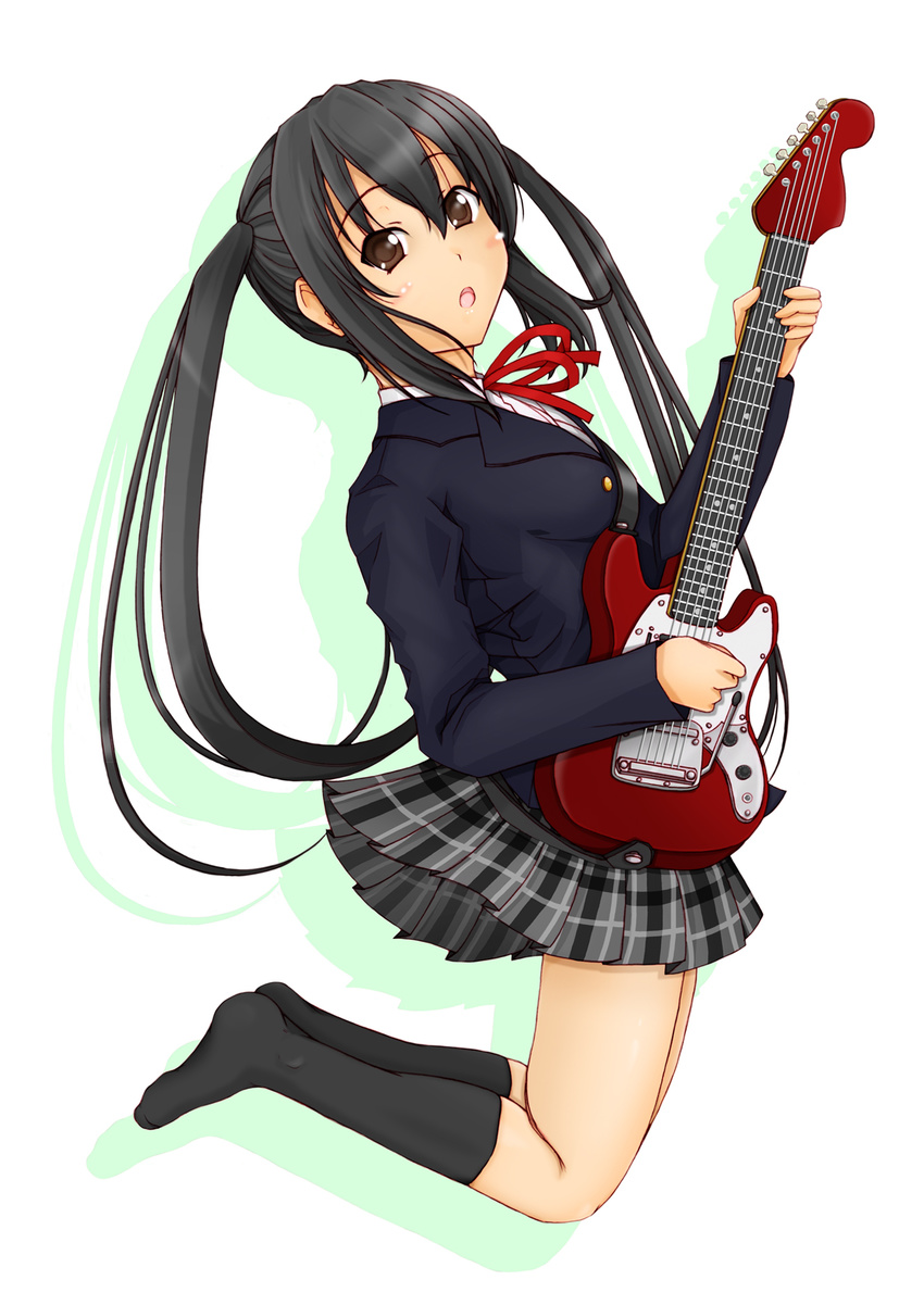 bad_id bad_pixiv_id black_hair blush brown_eyes electric_guitar guitar highres instrument jumping k-on! kasumi_seiki kneehighs long_hair nakano_azusa neck_ribbon open_mouth red_ribbon ribbon school_uniform skirt solo twintails