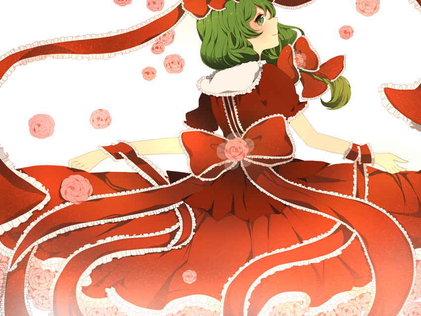 bad_id bad_pixiv_id bow dress flower frills from_behind front_ponytail green_eyes green_hair hair_bow hair_ornament highres kagiyama_hina komine long_hair looking_back pink_flower pink_rose red_dress rose simple_background solo touhou
