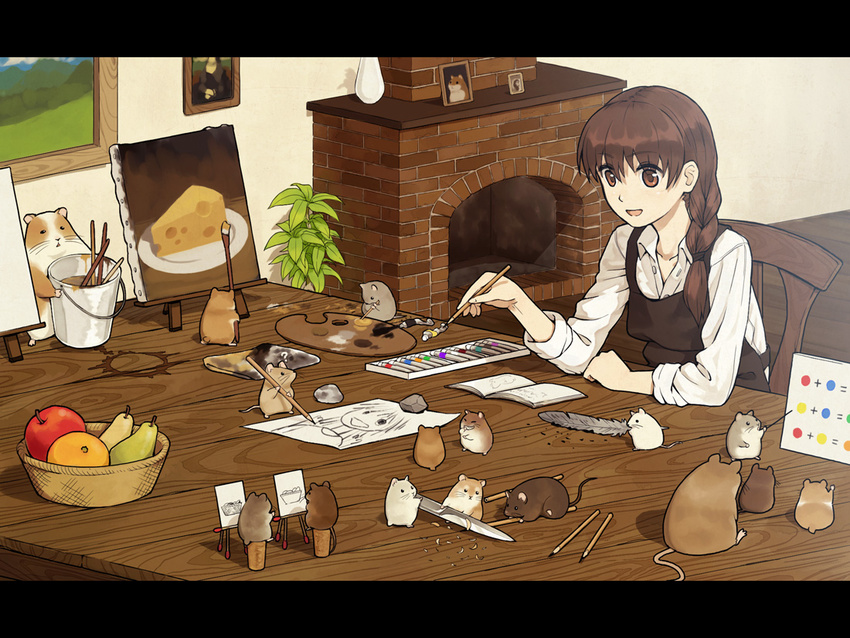 apple art_brush basket braid brown_eyes brown_hair bucket canvas_(object) cheese commentary cork easel feathers food fruit knife long_hair mouse oekaki_musume orange original paint paint_tube paintbrush palette pear pencil pun sleeves_rolled_up solo urue