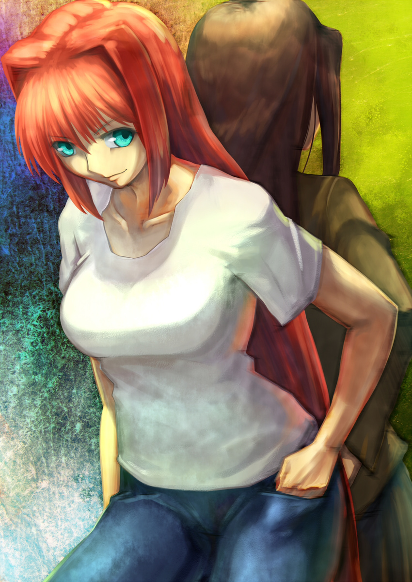 aozaki_aoko aqua_eyes back-to-back breasts brown_hair denim dual_persona hair_intakes hand_in_pocket highres jeans large_breasts long_hair mahou_tsukai_no_yoru multiple_girls pants red_hair school_uniform shirt t-shirt taii_gp01 time_paradox tsukihime very_long_hair