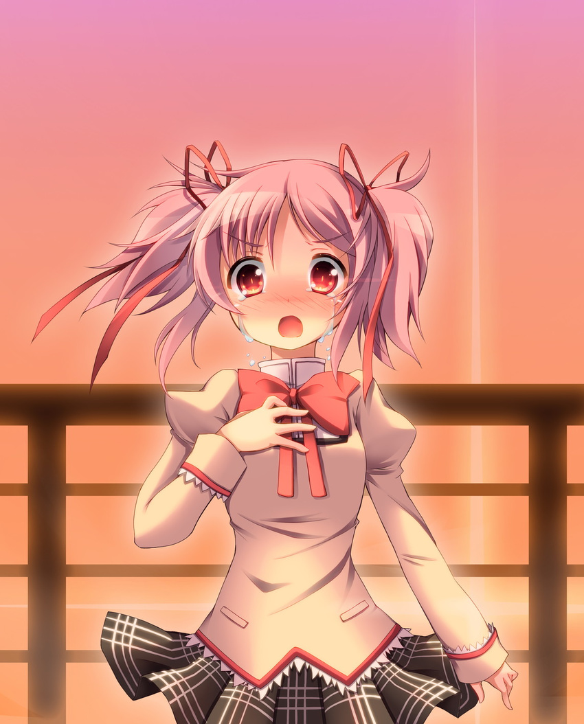 bad_id bad_pixiv_id blush bow frown hair_bow hand_on_own_chest highres kaname_madoka looking_at_viewer mahou_shoujo_madoka_magica mitakihara_school_uniform oruto_(ort+) pink_hair red_eyes school_uniform short_twintails solo sunset tears twintails