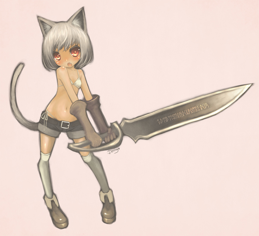 animal_ears belt bikini blush body_blush cat_ears cat_tail dark_skin fang flat_chest gloves miyamae_porin navel open_mouth original red_eyes short_hair short_shorts shorts side-tie_bikini simple_background solo swimsuit sword tail thighhighs weapon white_legwear