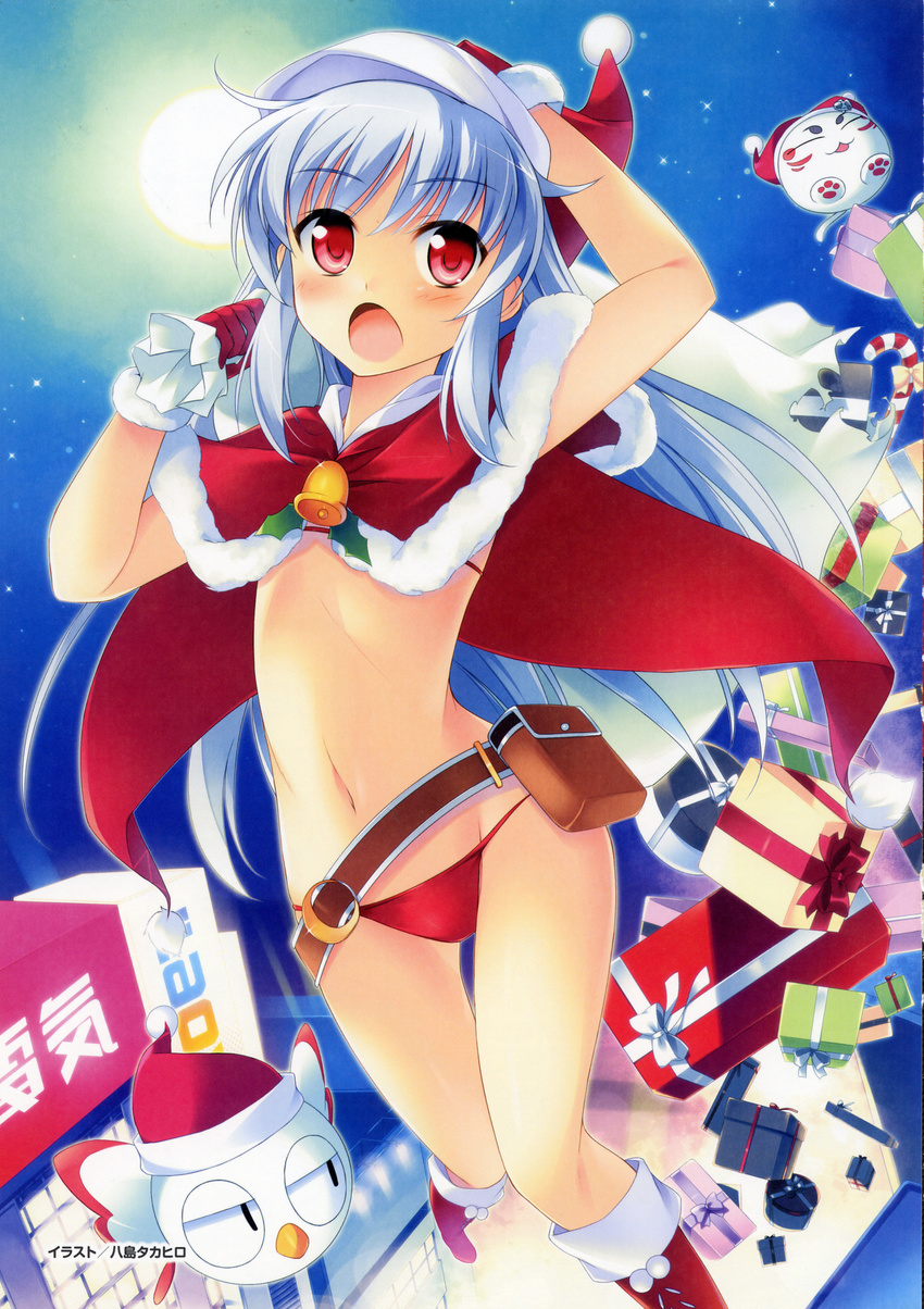 1girl absurdres belt bikini bird blue_hair cape cat christmas gift gloves hat highres love_kami lovekami moon motoi_ayumu pulltop red_eyes sack santa_hat solo swimsuit tsukuyomi_usagi yashima_takahiro