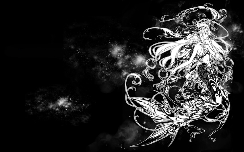 curly_hair fish greyscale hair_ornament jewelry long_hair mermaid monochrome monster_girl oboro_keisuke original ring solo wallpaper