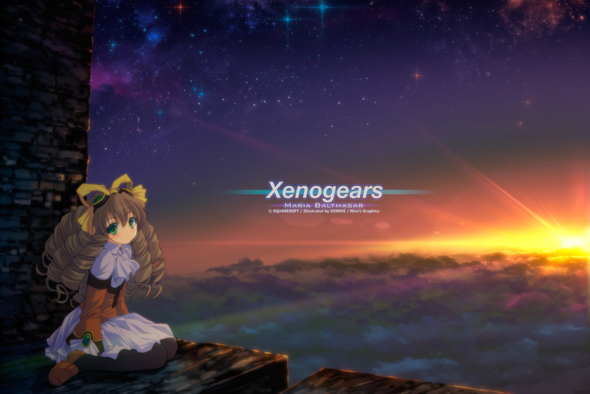 bad_id bad_pixiv_id black_legwear bow brown_hair coat collar dress drill_hair genshi goggles goggles_on_head green_eyes hair_ribbon jewelry long_hair maria_balthasar night pantyhose ribbon scenery shoes sky smile solo star_(sky) starry_sky sunset xenogears yellow_bow