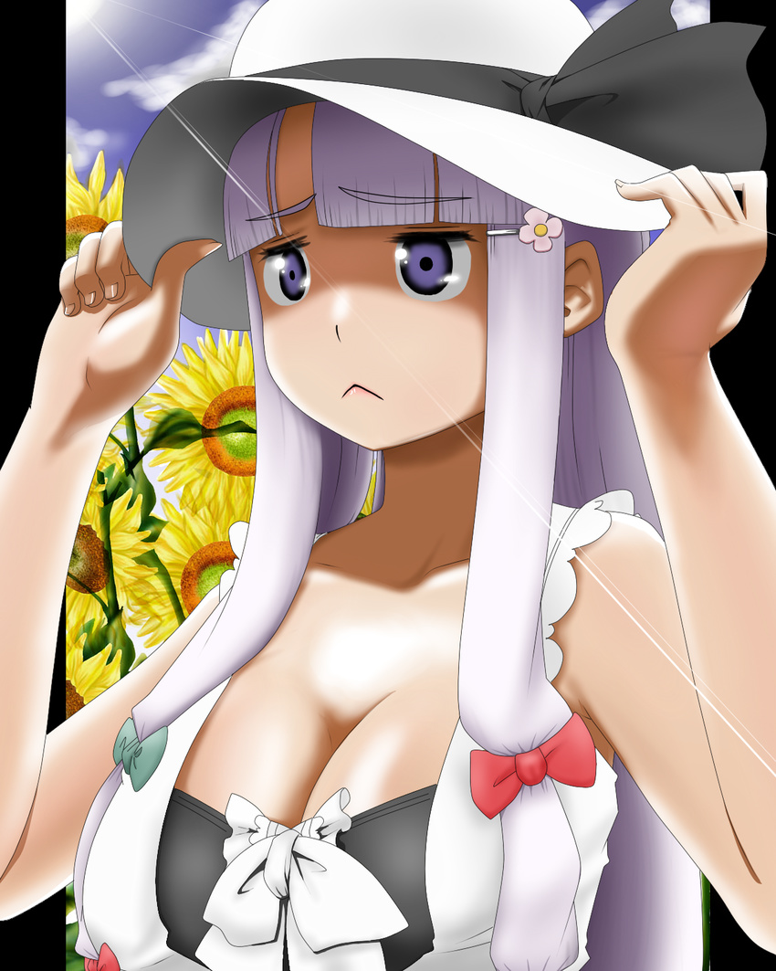 :&lt; bangs blunt_bangs breasts cleavage flower hair_ornament hairclip hat hat_tug highres large_breasts patchouli_knowledge purple_eyes purple_hair shigeruoomi solo sun sun_hat sunflower touhou upper_body