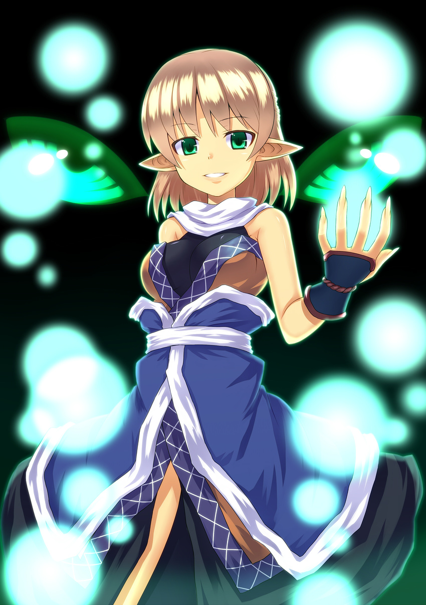 absurdres adapted_costume blonde_hair eyes glowing green_eyes highres looking_at_viewer mizuhashi_parsee pointy_ears saemon_(tonpura) scarf short_hair sleeveless smile solo touhou wrist_cuffs