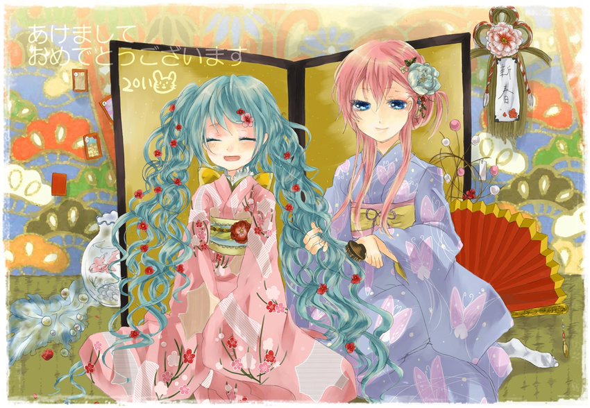 akeome bad_id bad_pixiv_id blue_eyes blush closed_eyes fan fish flower folding_fan folding_screen green_hair hair_brushing happy_new_year hatsune_miku japanese_clothes kimono koume_keita long_hair megurine_luka multiple_girls new_year paper_fan pink_hair smile vocaloid