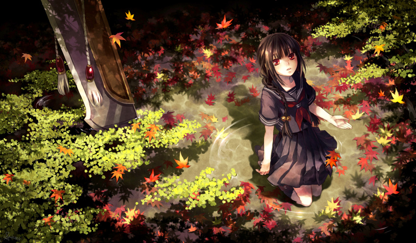 black_hair braid from_above hair_over_shoulder kneeling leaf long_hair looking_up maple_leaf minami_seira nature original pleated_skirt red_eyes school_uniform serafuku skirt solo sword twin_braids water weapon