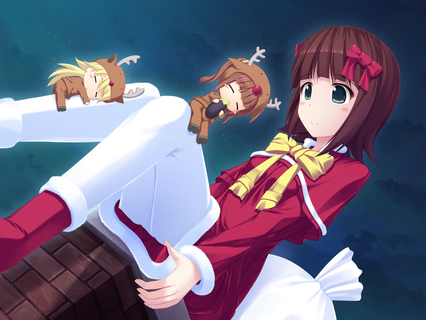 amami_haruka animal_costume brown_hair chibi chimney christmas dutch_angle food green_eyes highres hoshii_miki hug idolmaster idolmaster_(classic) kageira multiple_girls pantyhose reindeer reindeer_costume sack santa_costume short_hair sweet_potato takatsuki_yayoi white_legwear