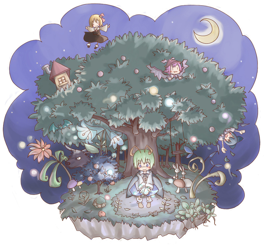 antennae bat blonde_hair blue_eyes blue_hair bow bunny cape chibi cirno crescent_moon dress flower green_hair hair_bow highres horn house kaminendo md5_mismatch moon multiple_girls mushroom mystia_lorelei night rumia swing team_9 touhou tree wings wriggle_nightbug