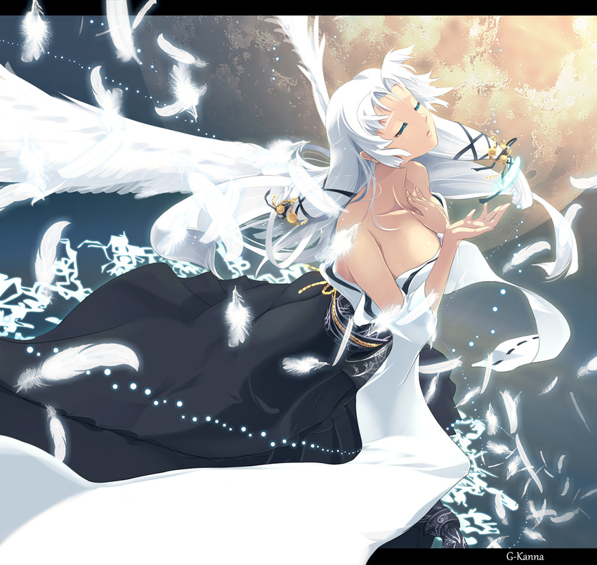 air blue_eyes feathers kannabi_no_mikoto long_hair moon senria solo white_hair wings