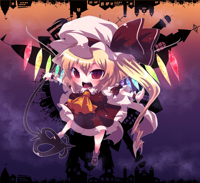 ascot blonde_hair boooo-im chibi dress fang flandre_scarlet grave hat highres house laevatein long_hair mary_janes open_mouth red_dress red_eyes shoes side_ponytail slit_pupils solo touhou weapon wings