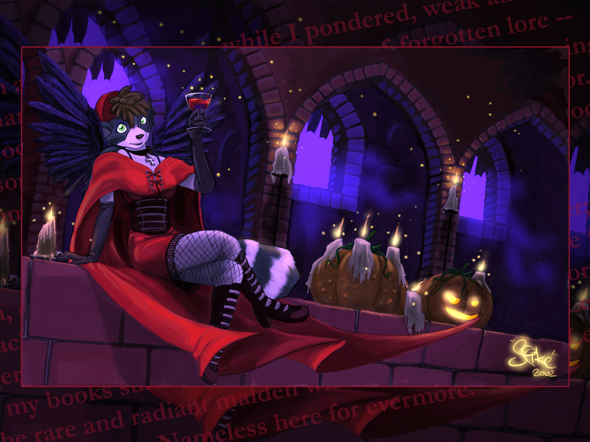 2002 akaelae candles cloak corset drink female fishnet green_eyes halloween high_heels mishakun pumpkin quinn_"muerte"_akaelae raccoon solo vampire wallpaper wings